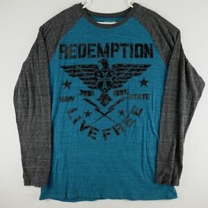 Raw State Shirt Mens XXL Blue Redemption Spell‎ Out Graphic Waffle Thermal Flaws